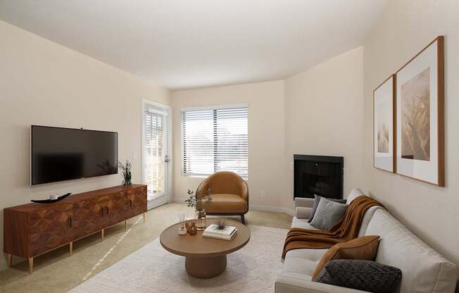 A living room with a grey couch, a brown chair, a wooden cabinet, a coffee table, a flat screen TV, and a fireplace.