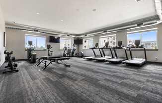A gym with treadmills, elliptical machines, and a bench.
