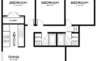 3 beds, 2 baths, 1,088 sqft, $1,150, Unit 127-314