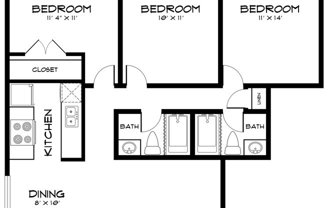 3 beds, 2 baths, 1,088 sqft, $1,150, Unit 127-314