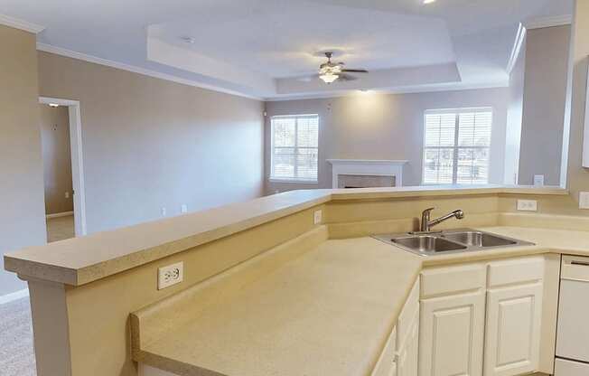 a kitchen with a sink and a ceiling fan