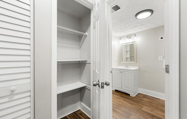 the closet in a renovated bathroom with a sink and a mirror