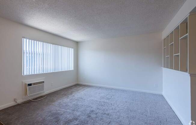 Living room with a carpeted floor and a window with blinds.