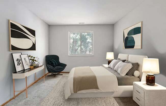 A modern bedroom with a large bed, a chair, and window