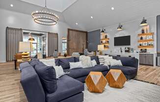 A modern living room with a dark blue sofa and a wooden coffee table.