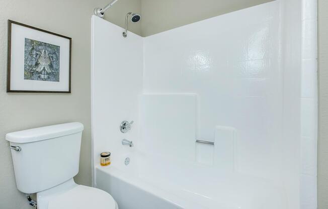 A clean bathroom featuring a white bathtub and shower combination, a white toilet, and a framed picture on the wall. The tub has a showerhead above it, and there is a canister on the edge of the tub. The walls are painted in a neutral color, creating a bright and simple aesthetic.