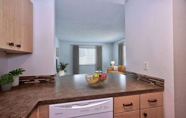 Parc Central_Vancouver WA_ Apartment staged kitchen looking at living room