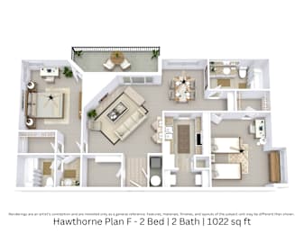 2 beds, 2 baths, 1,022 sqft, $1,345