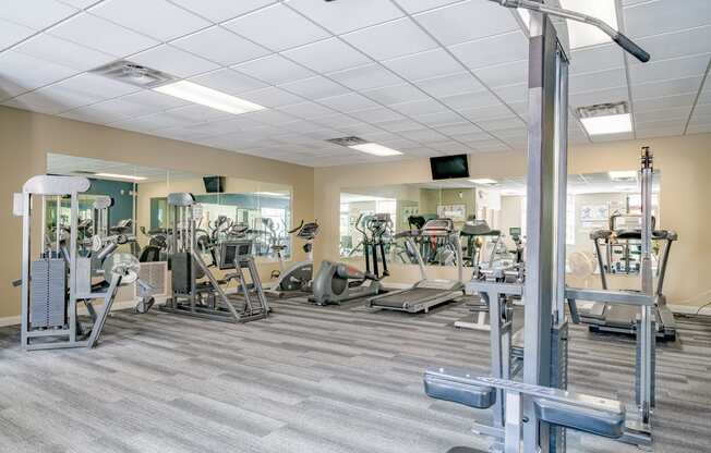 Spacious exercise room featuring cardio machines, free weights, and weightlifting machines at Southwind Villas in LaVista NE 68128
