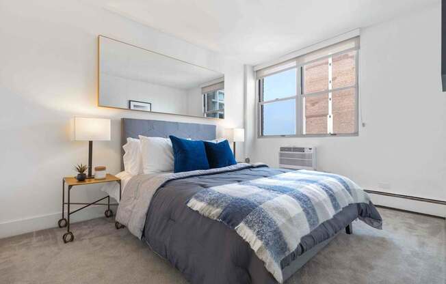 Bright bedroom with plush carpeting