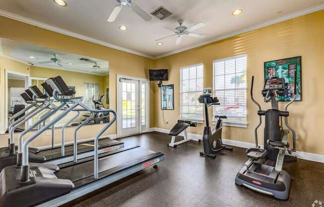 A spacious home gym with treadmills, elliptical machines, and a fan.