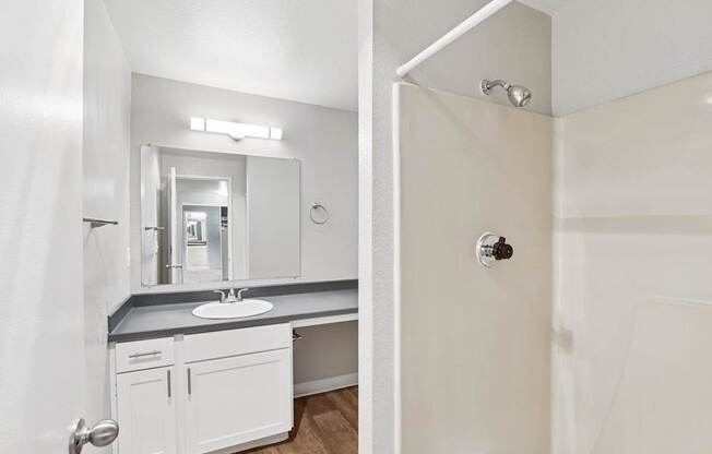 A bathroom with a sink, mirror, and shower.