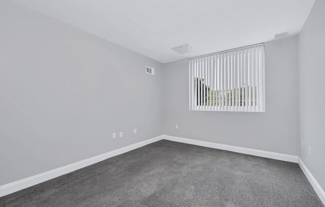 an empty room with a window and a carpeted floor