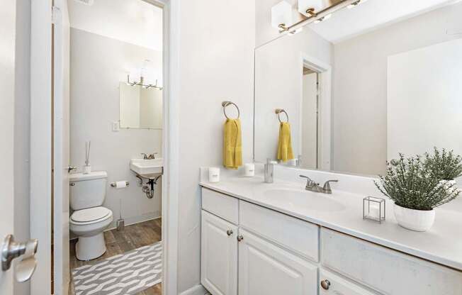 A white bathroom with a toilet, sink, and mirror.