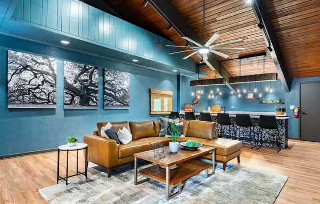 a living room with blue walls and leather furniture