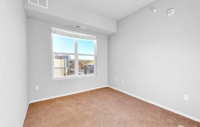 Empty room with brown carpet and a window showing a cityscape.