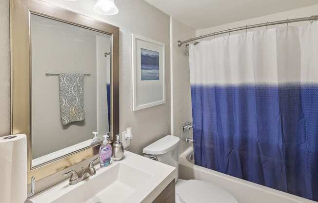 a bathroom with a blue shower curtain and a toilet and sink