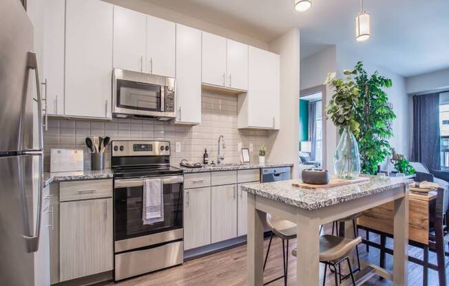A kitchen with a granite countertop and stainless steel appliances.