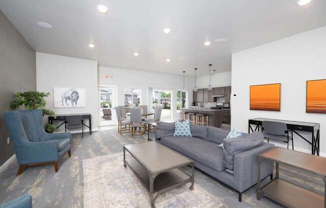 A living room with a grey couch and a blue chair.