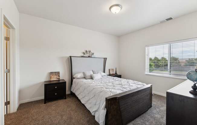 a bedroom with a large bed and a window