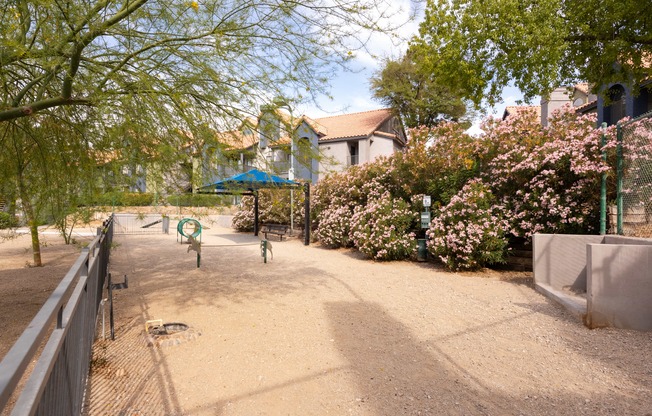 a playground in a park with trees and a fence