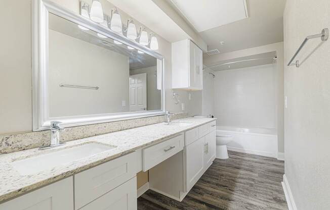 a bathroom with a large mirror and a sink and a toilet