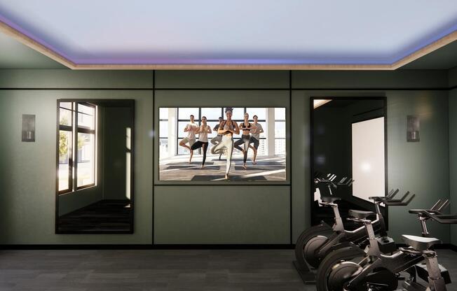 Stay active with Modera Bridle Trail's fitness studio, featuring a variety of equipment including a Pilates reformer for balanced workouts.