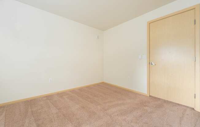 a bedroom with a carpeted floor and a wooden door