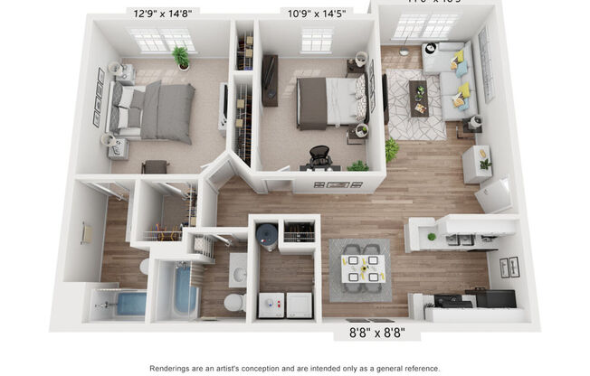 2 beds, 2 baths, 1,040 sqft, $1,329