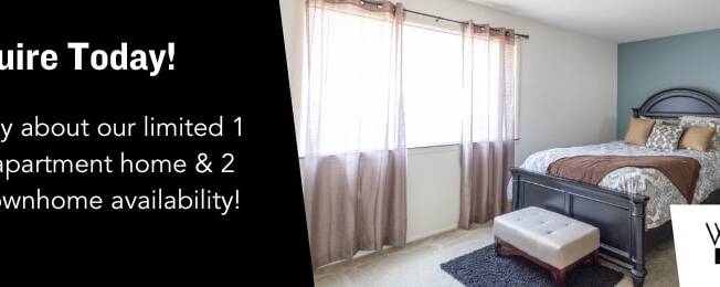 A bedroom with a bed, nightstand, and lamp is shown in an advertisement for Woodbridge Apartments.