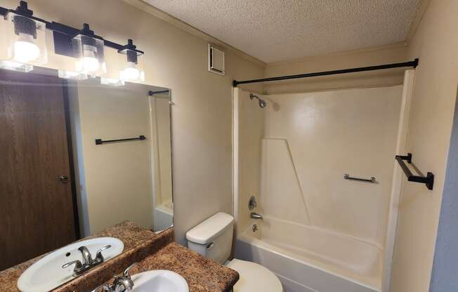 a bathroom with a sink and a shower and a toilet