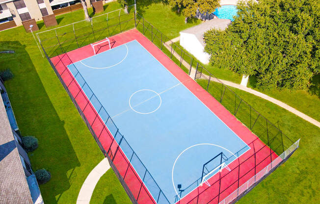 an aerial view of a blue and red sports court in a park