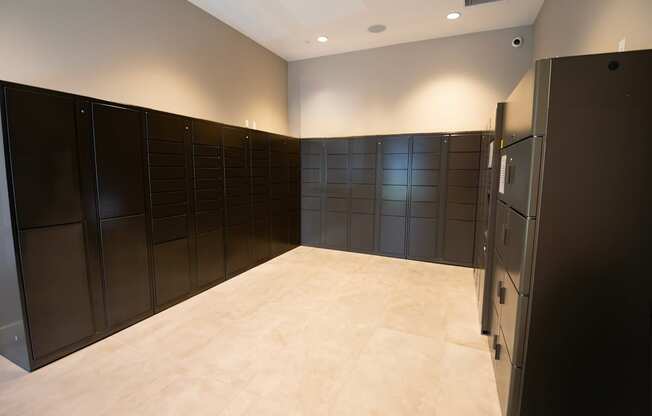 A room with package lockers for receiving packages.