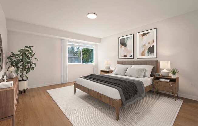 A bedroom with a large bed, a nightstand, and a plant.