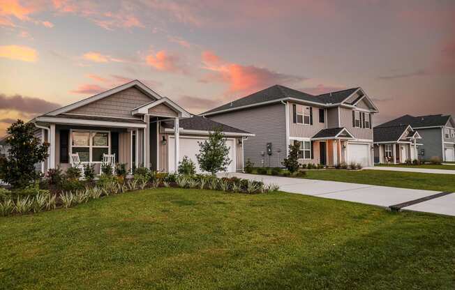 a row of houses with a sunset in the background