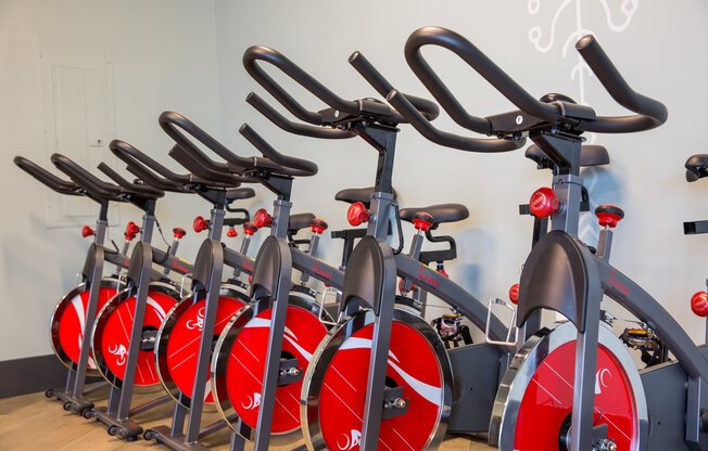A row of spin bikes in the state of the art gym