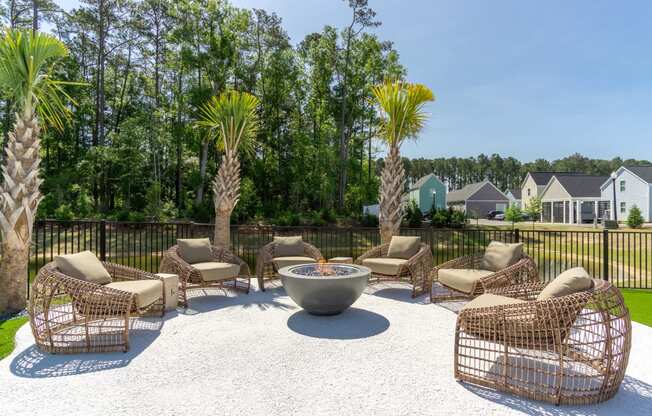 an outdoor patio with chairs and a fire pit