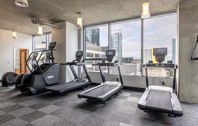 A gym with treadmills, elliptical machines, and a view of the city.