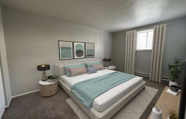 a bedroom with grey walls and a white bed