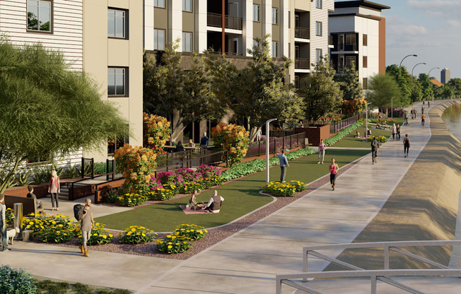 a rendering of a park with a river and buildings