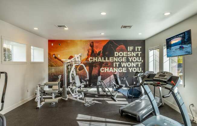 a gym with exercise equipment and a large mural on the wall