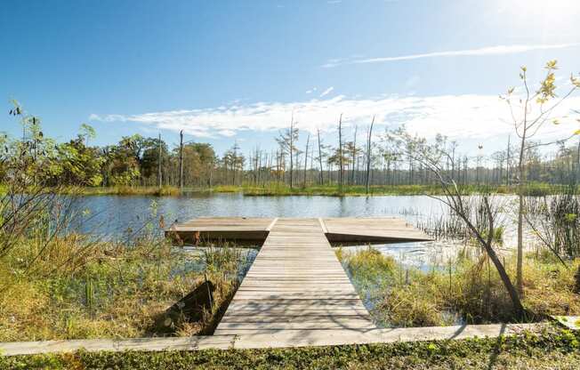 a dock on a lake in the woods