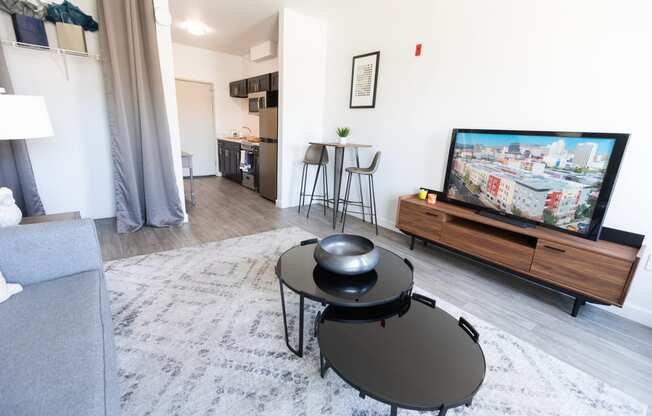 a living room with a flatscreen tv and a couch