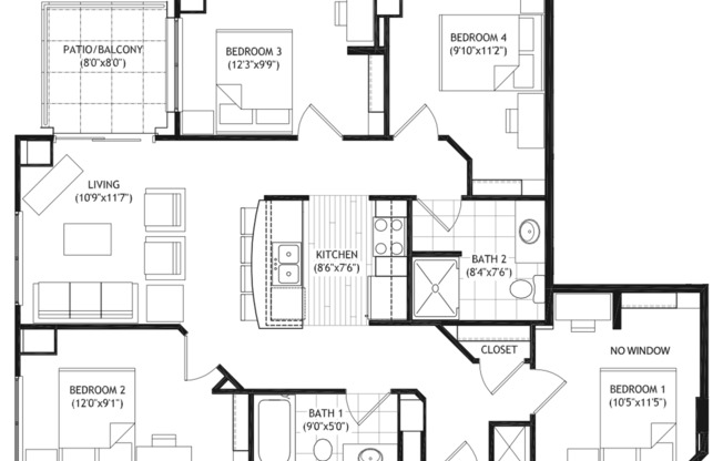 4 beds, 2 baths, 1,078 sqft, $5,350, Unit 1402