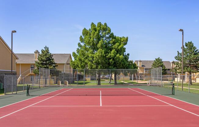 Tennis court with lights and fencing outside of Windrush Apartment Homes for rent