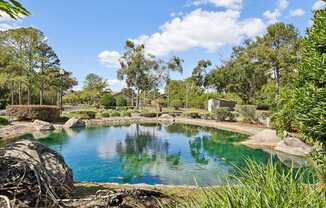 A serene landscape with a pond surrounded by lush greenery and a clear blue sky.