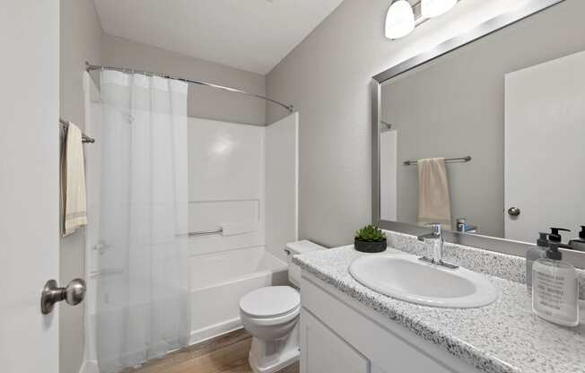 Apartments in Colton, CA For Rent - Ardella at Reche Canyon - Bathroom with Grey Walls and Wood-style Flooring, a Shower and Bathtub Combo, White Toilet and Sink, Spacious Speckled Countertop, and Lar