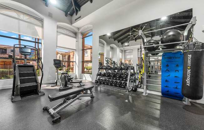 A gym with a variety of equipment including a treadmill, weights, and a punching bag.