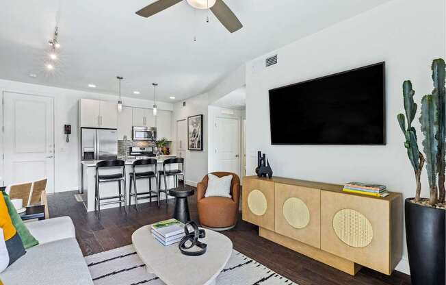 A living room with a couch, a chair, a coffee table, a television, and a cactus.