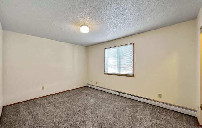 an empty living room with carpet and a window